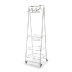 Cabideiro URBAN branco com prateleiras e rodas para quarto