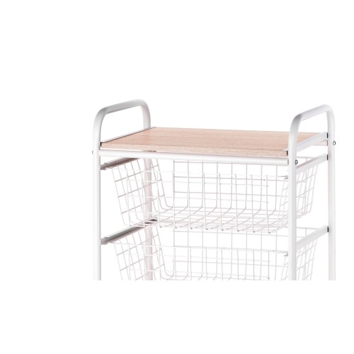 Detail view of white metal frame and beech-effect top of the FIESTA storage trolley Detail view of white metal frame and beech-effect top of the FIESTA storage trolley