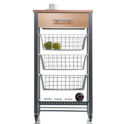 Diana kitchen trolley in stainless-steel finish with wood-effect top, baskets and drawer
