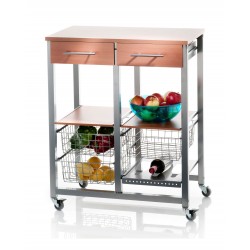 Chariot de cuisine OSLO de Don Hierro avec fruits, légumes et bouteille de vin – cadre couleur aluminium et plateau effet noyer