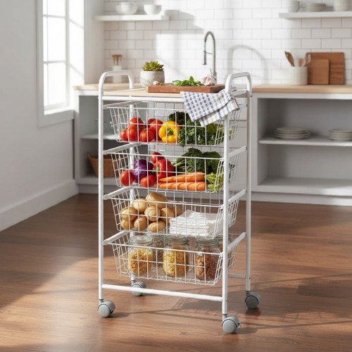 Kitchen trolley FIESTA loaded with vegetables, pasta jars and towel – versatile storage cart in a modern kitchen Kitchen trolley FIESTA loaded with vegetables, pasta jars and towel – versatile storage cart in a modern kitchen