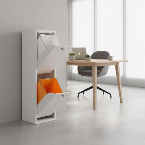 White dual recycling bin with drawers open in modern office setting