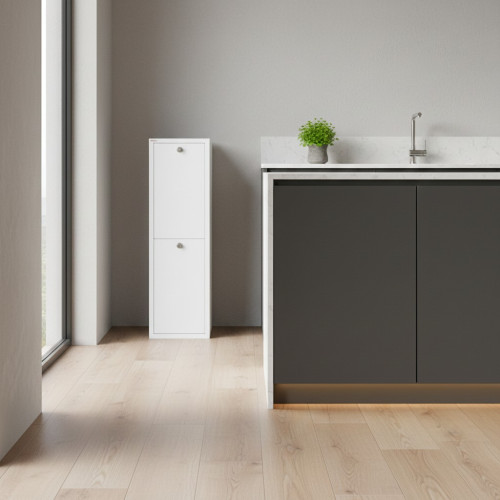 Modern white recycling bin closed, elegant and space-saving in kitchen environment
