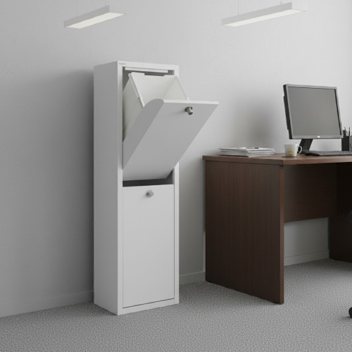 Dual recycling bin with top drawer open in office environment, modern design