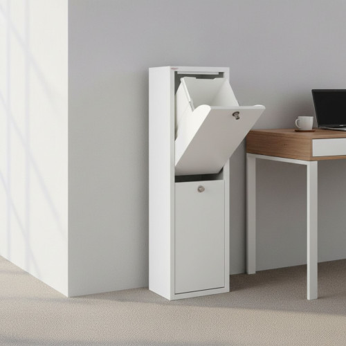 White Dual recycling bin with top drawer open in office environment, modern design