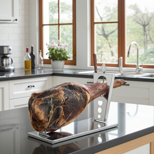 Supporto per prosciutto ZEN con prosciutto iberico su superficie cucina contemporanea
