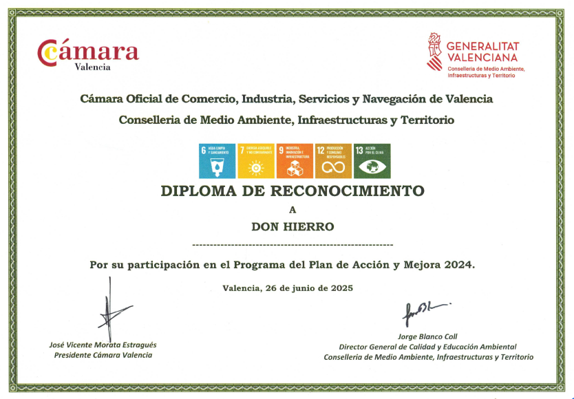 Diploma de reconocimiento a DON HIERRO por su compromiso con el Medio Ambiente